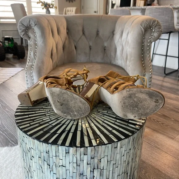 Camel and gold lace up block heels - Picture 7 of 7